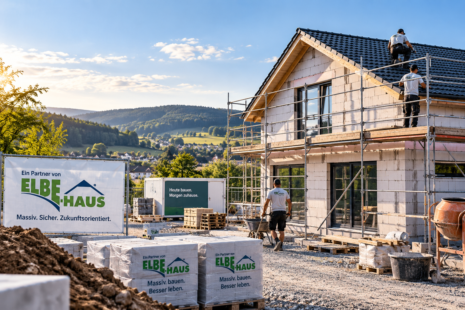 KI-generierte Darstellung eines Massivhauses im Bau